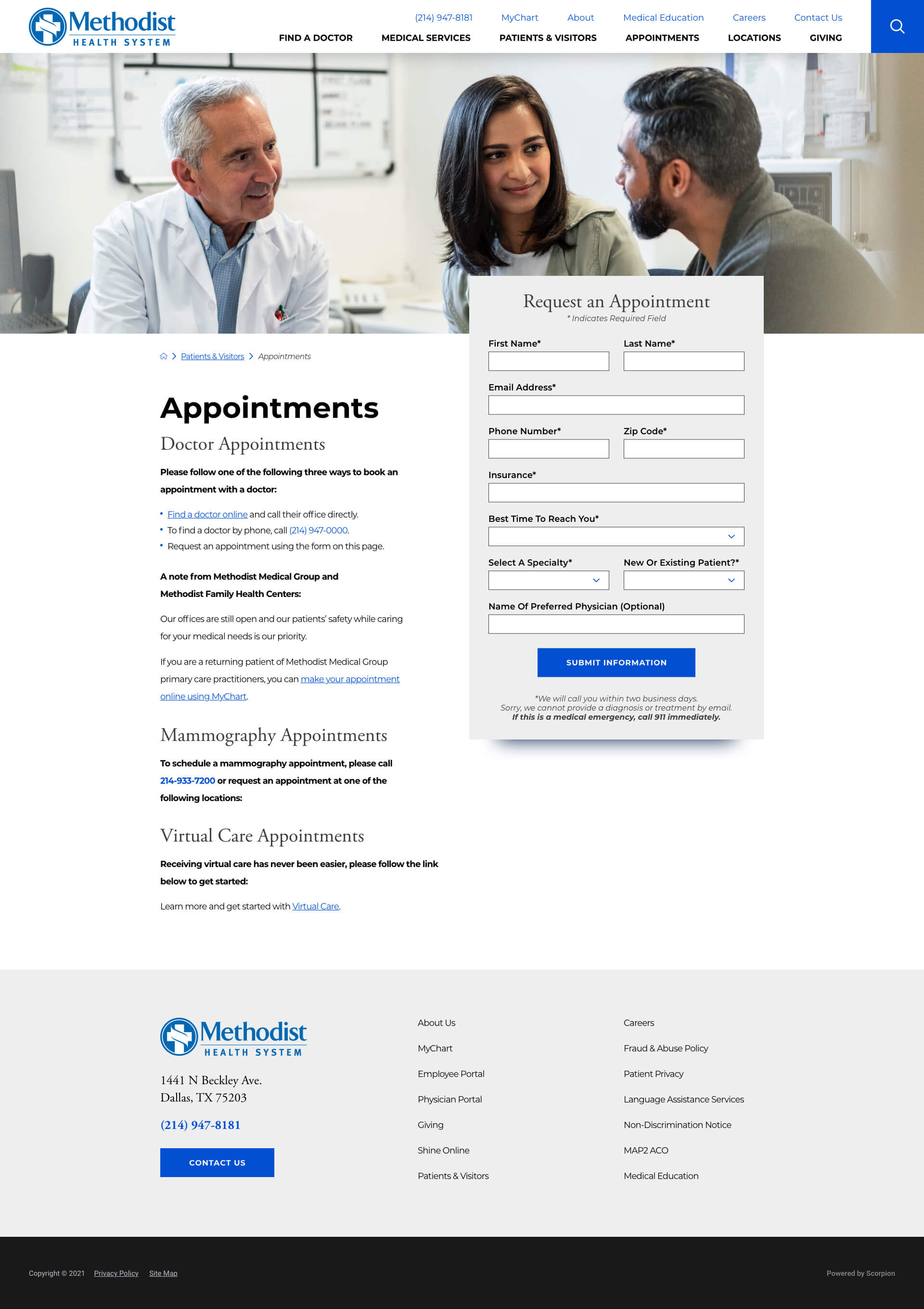 Mockup of appointment page design for Methodist Health System