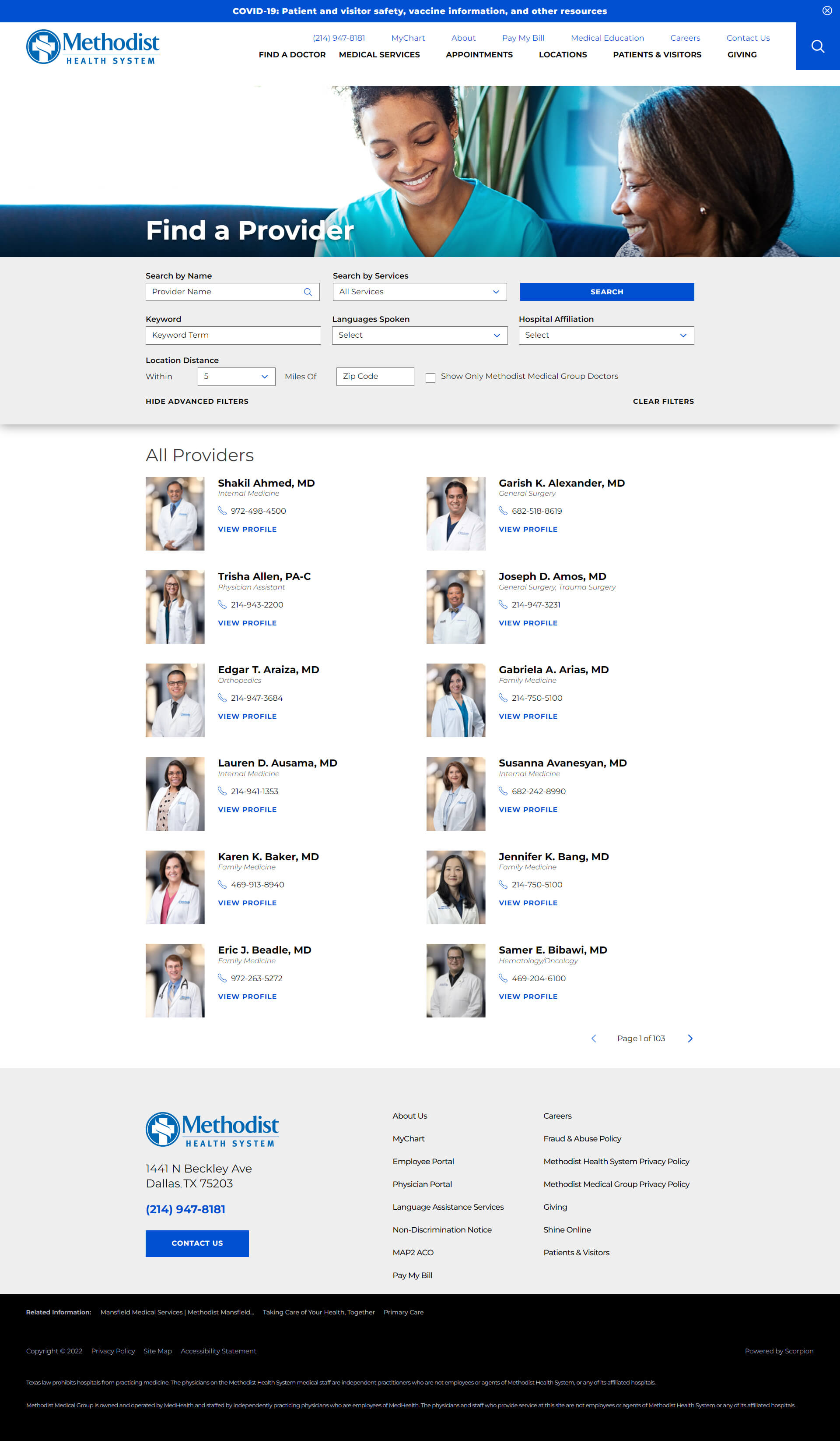 Mockup of provider result page design for Methodist Health System