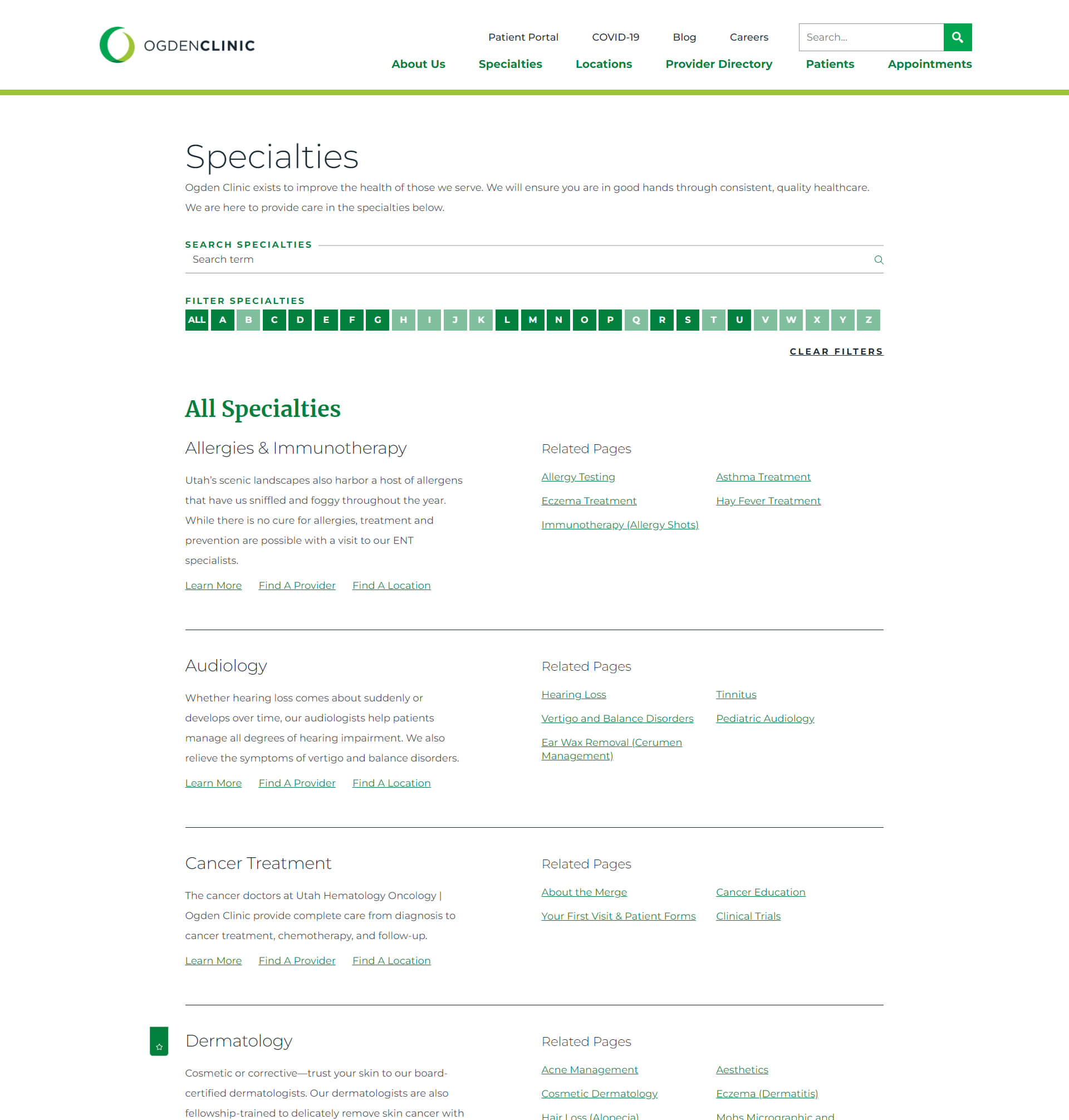 Mockup of service page design for Ogden Clinic