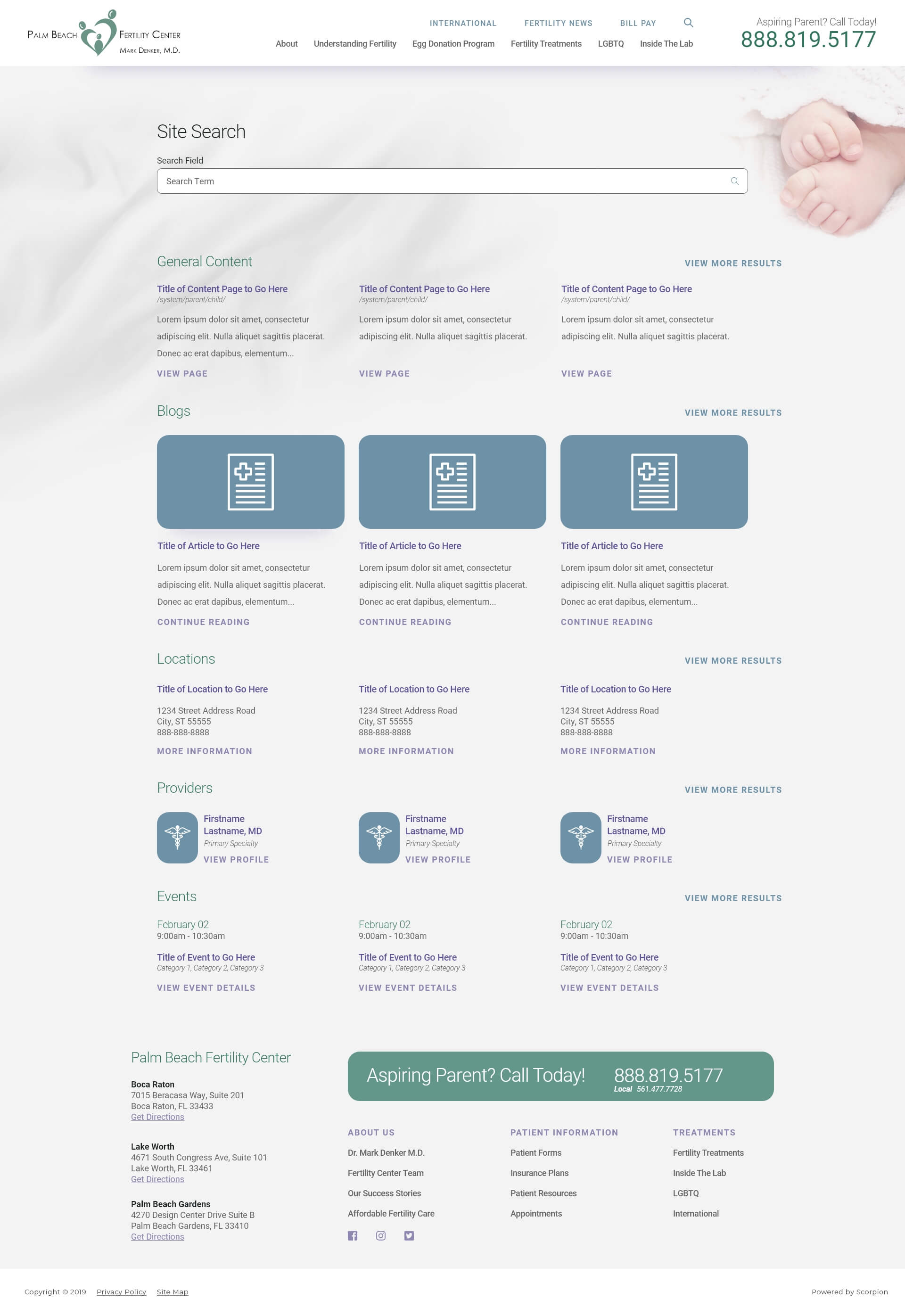 Mockup of search page design for Palm Beach Fertility Center