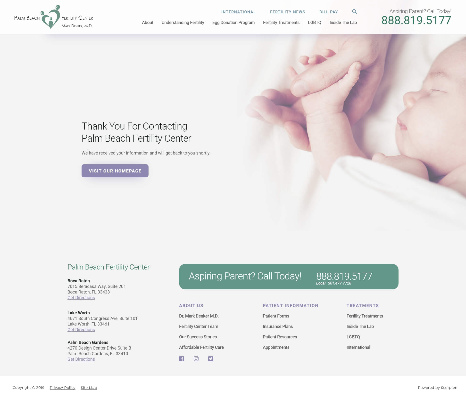 Mockup of thank you page design for Palm Beach Fertility Center