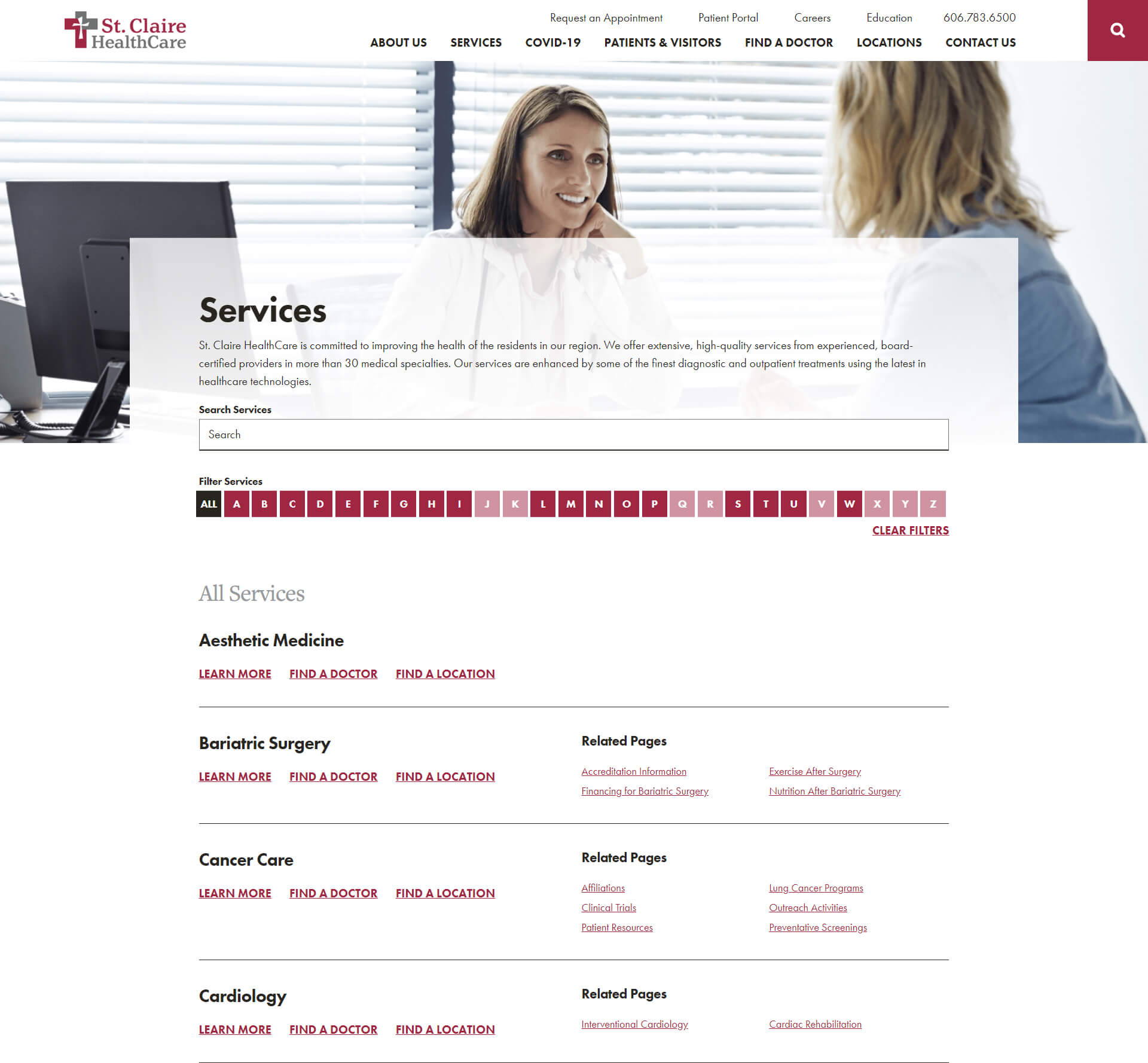 Mockup of services page design for St. Claire Healthcare