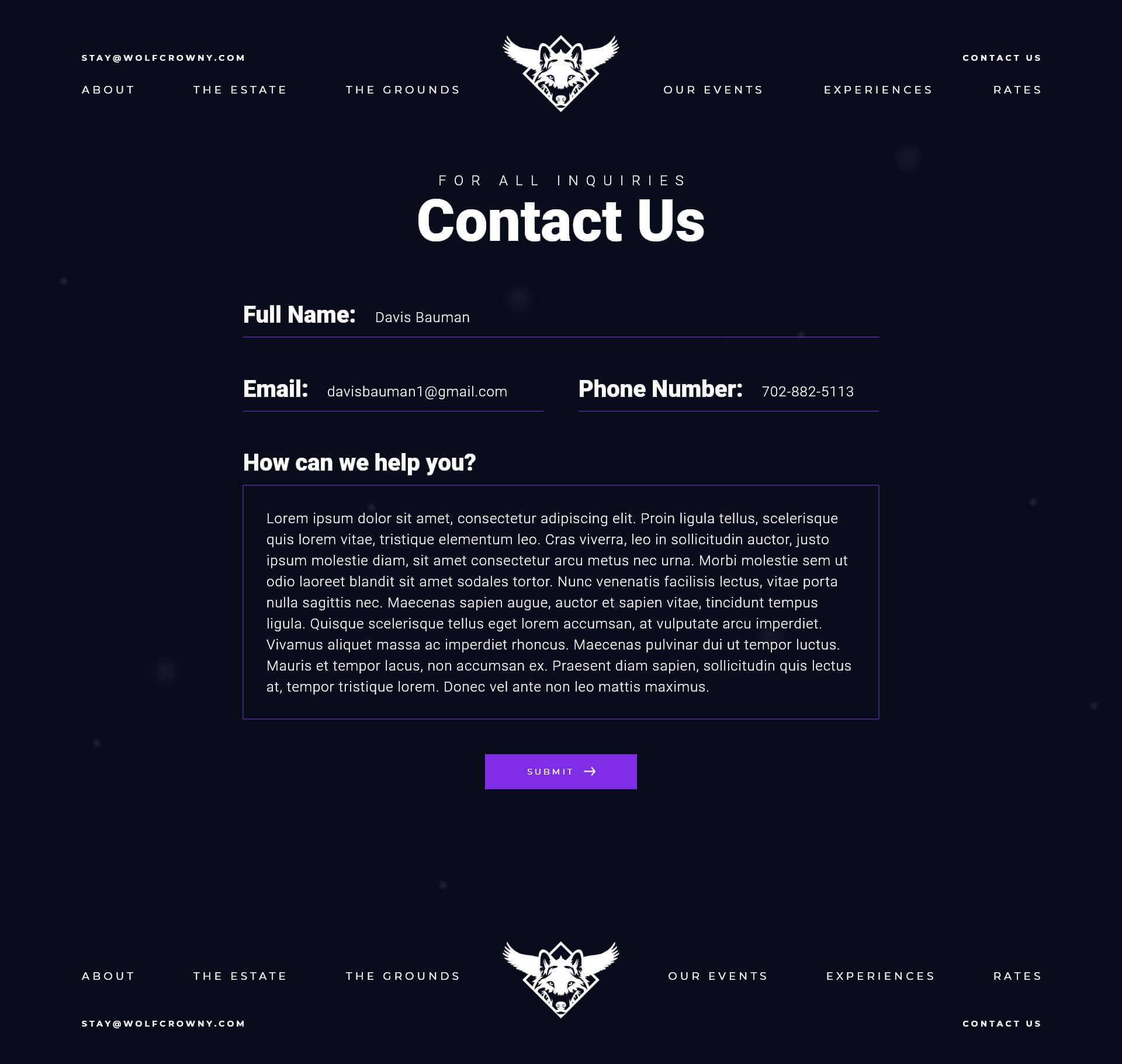 Mockup of contact page design for Wolfcrow